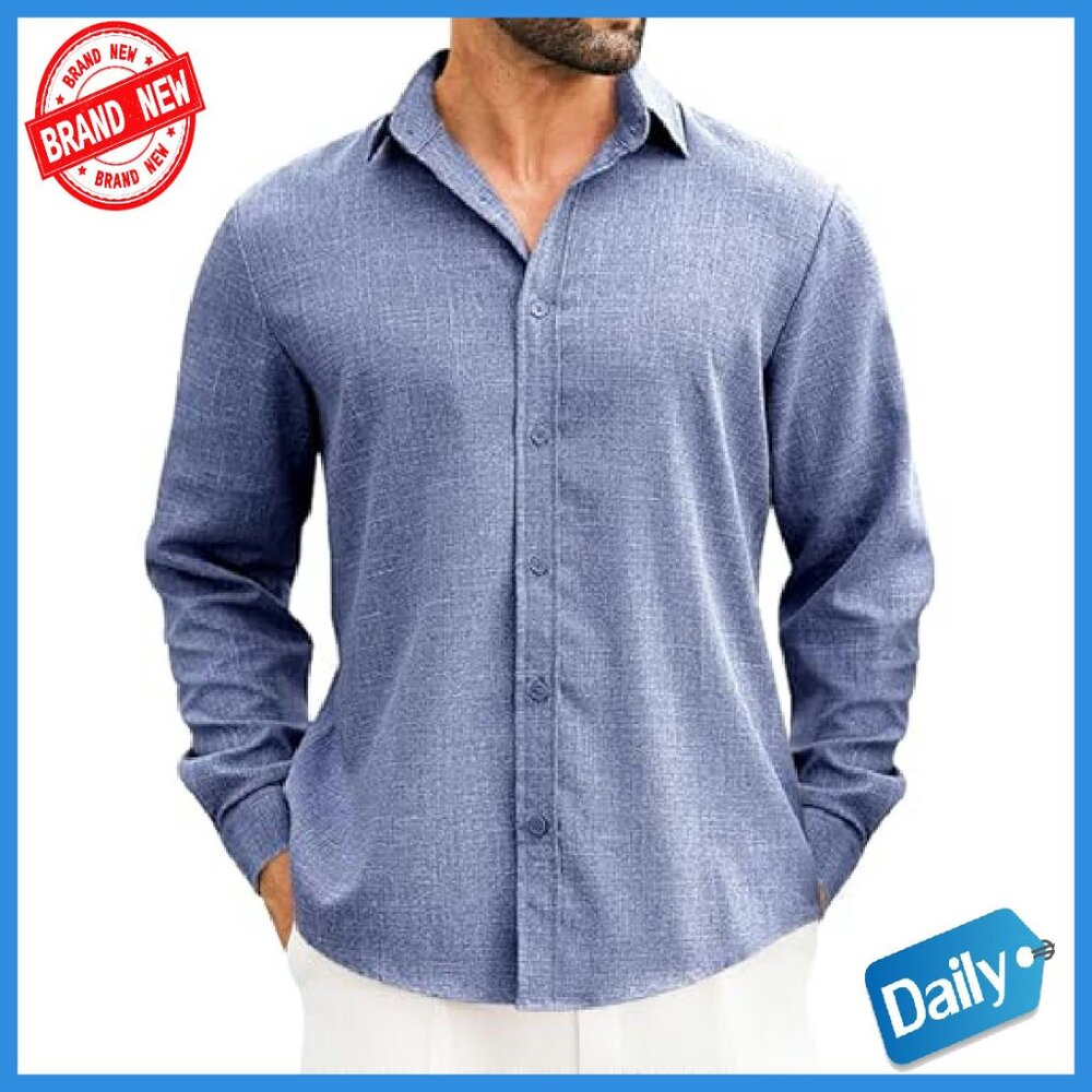 Premium Linen Button Down Shirt Long Sleeve Regular Fit Wedding Casual - Picture 2 of 8